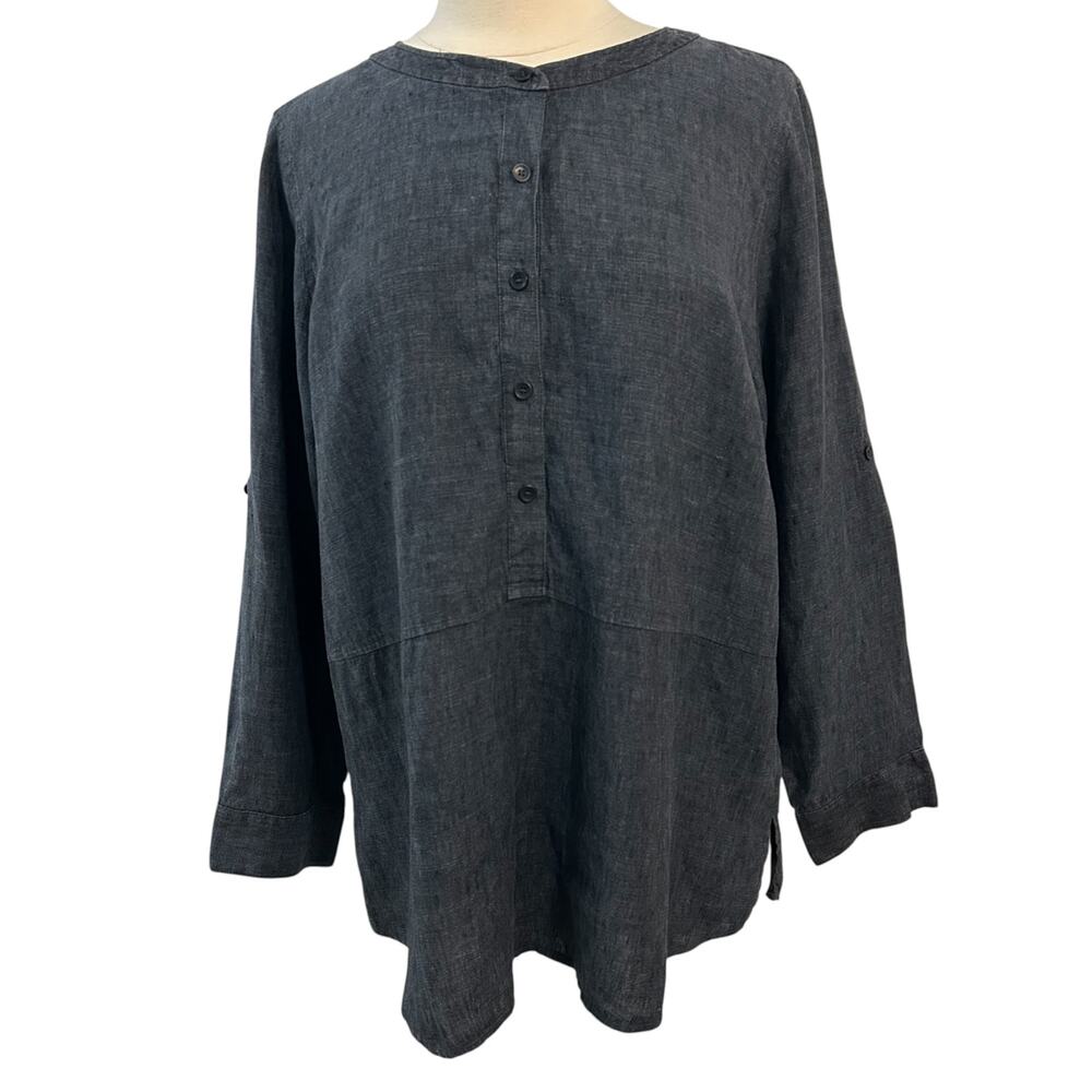 Eileen Fisher 100% Linen Dark Blue Tunic Top Large Petite LP